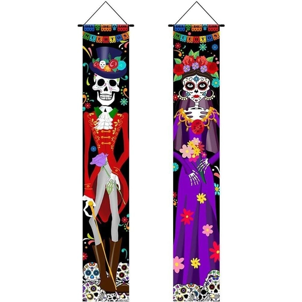 2 Pcs Day of The Dead Decorations Porch Sign Door Banners Dia De Los Muertos